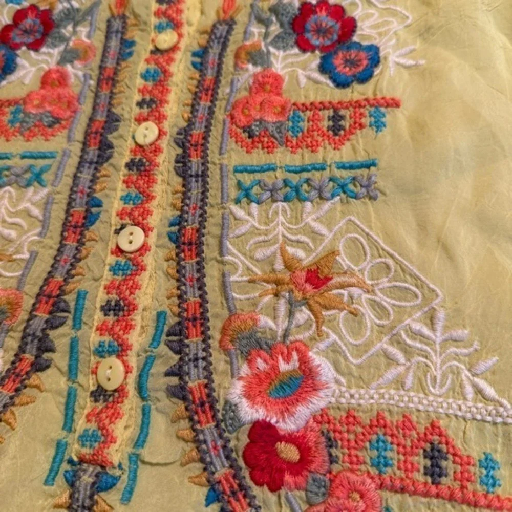 Johnny‎ Was Yellow Embroidered Cupra Rayon Tunic Blouse C82753 Womens Medium